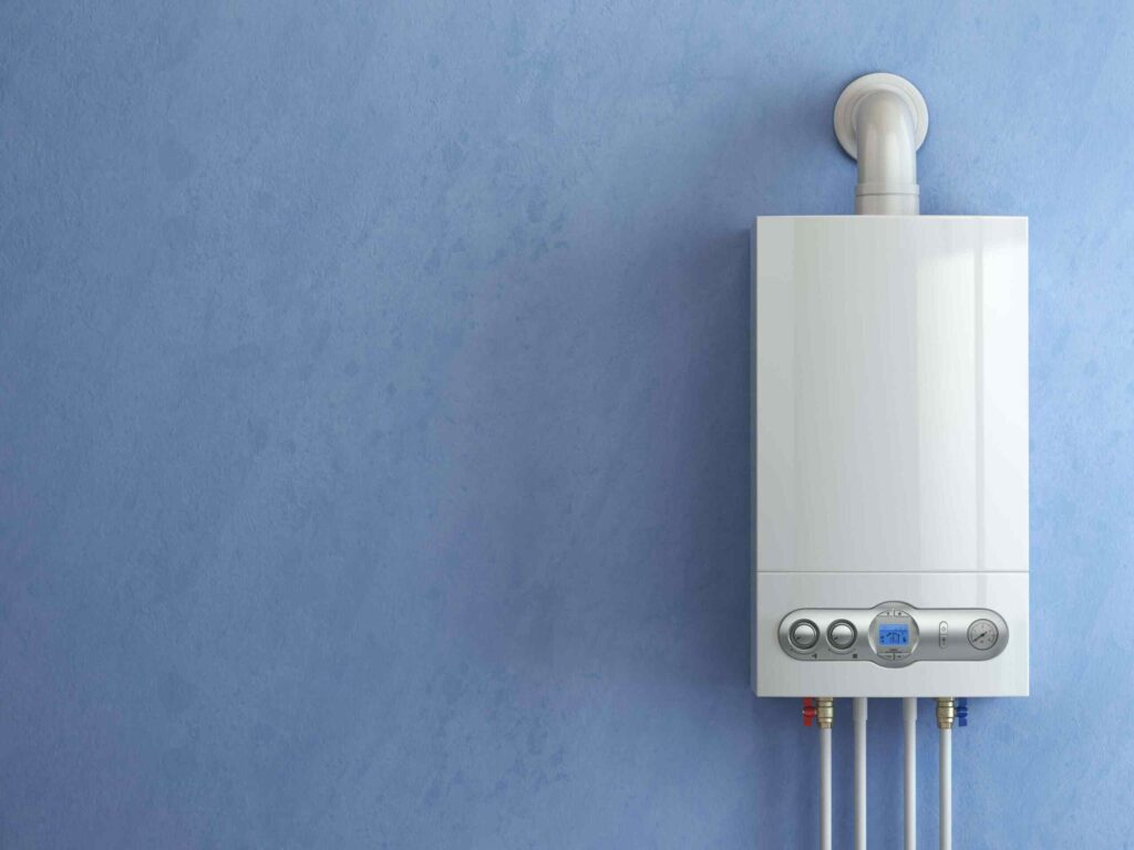 A natural gas boiler attached to a wall.