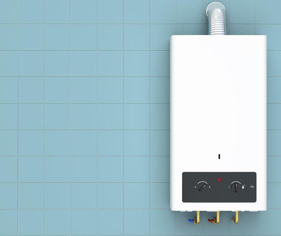 A tankless hot water heater on a wall